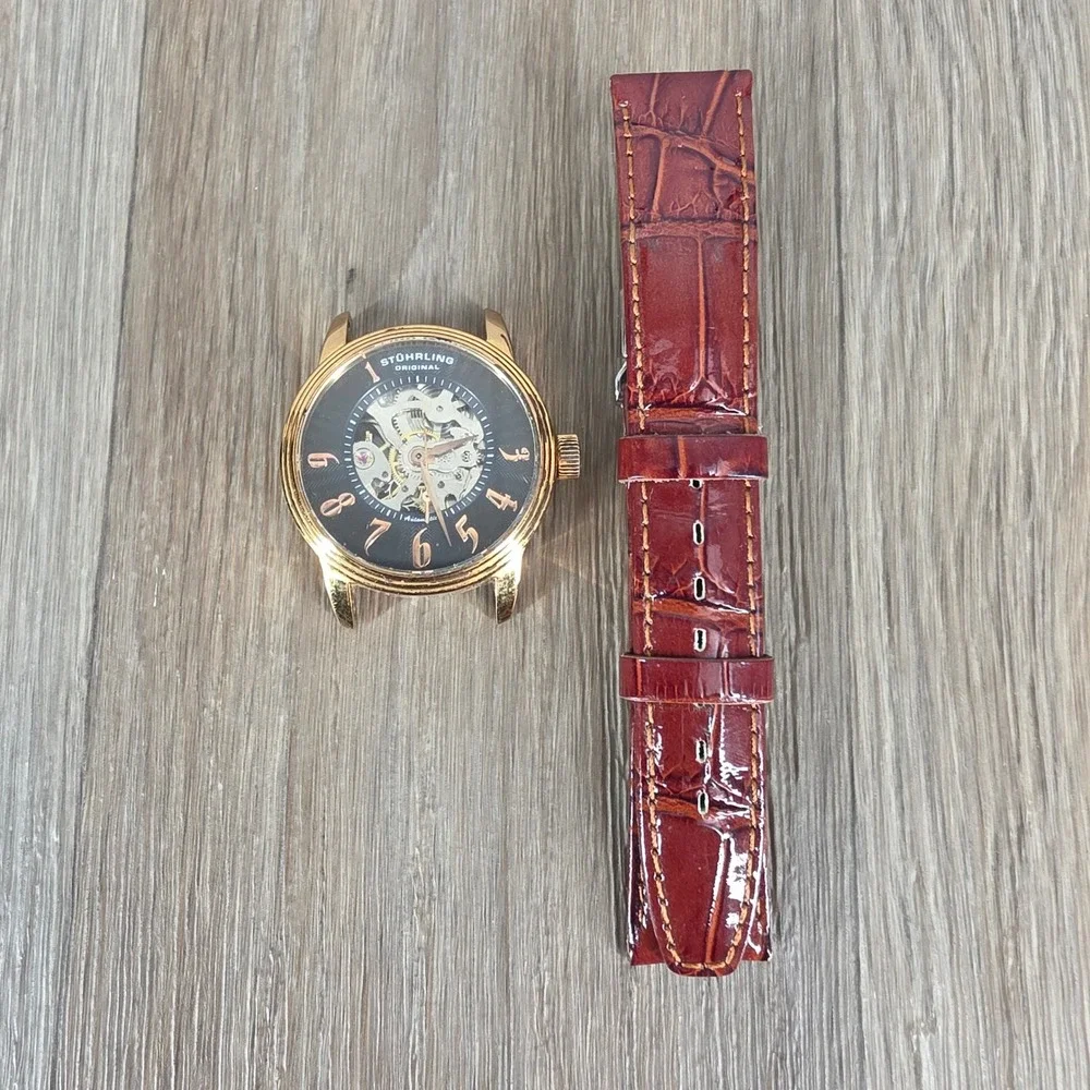 Stuhrling Original Mens Skeleton Automatic Watch Gold Tone ST-90050 Black Dial